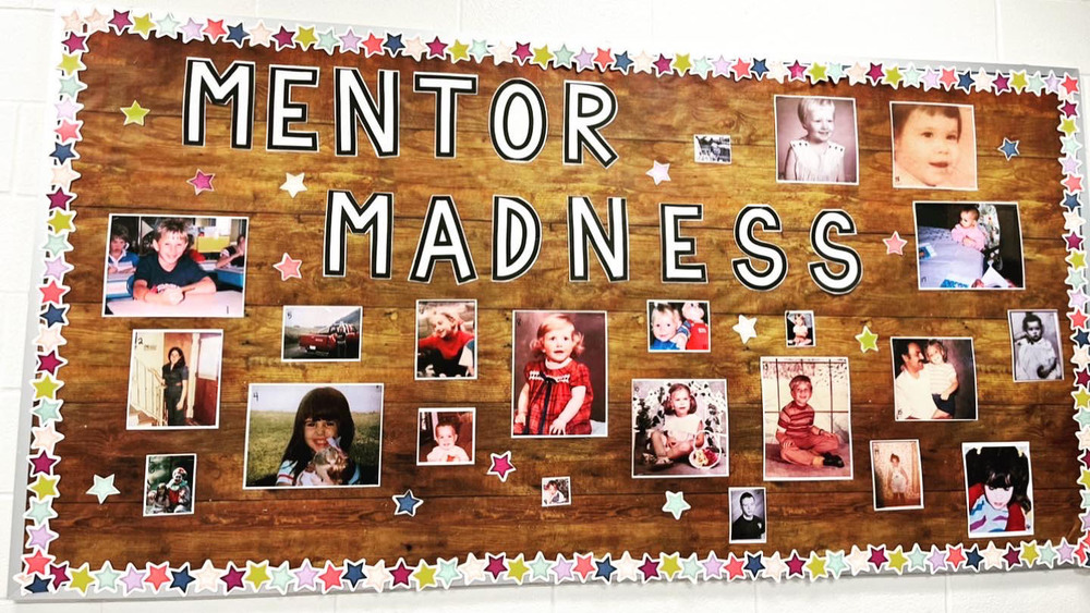 Childhood photos of mentors on a board reading, "Mentor Madness"