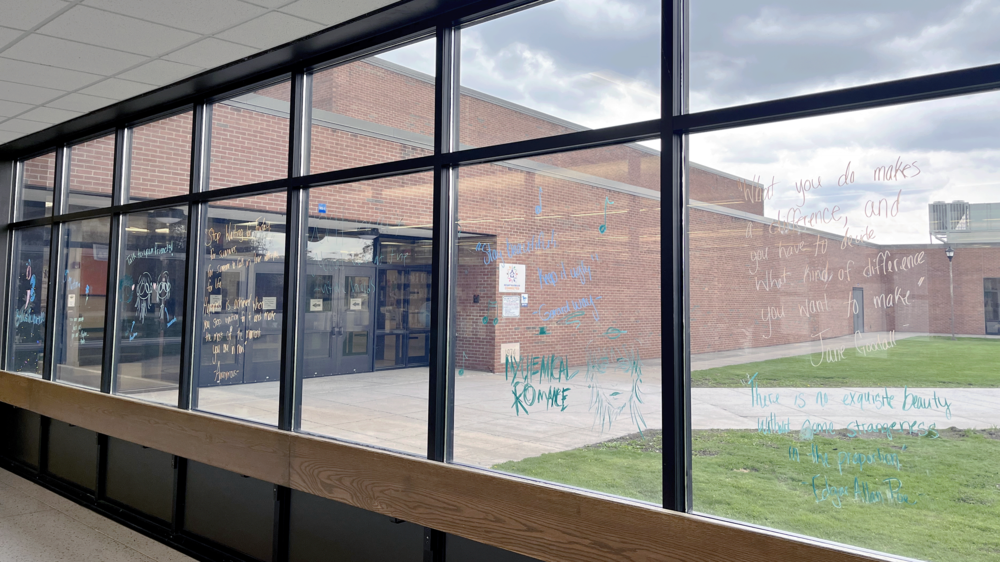 Window of Mount Markham High School is painted with inspirational quotes