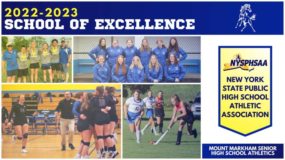 Photos of athletes, Mount Markham logo, NYSPHSAA logo; white and yellow text on blue background; reads: 2022-2023 School of Excellence, New York State Public High School Athletic Association, Mount Markham Senior High School Athletics