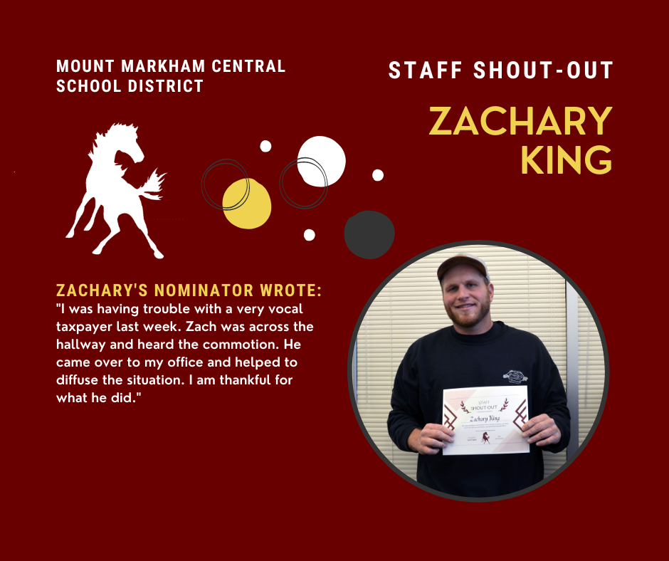 Staff Shout-Out: Zachary King, quote reads: "I was having trouble with a very vocal taxpayer last week.  Zach was across the hallway and heard the commotion.  He came over to  my office and helped to diffuse the situation.  I am thankful for what he did." Photo of Zachary King