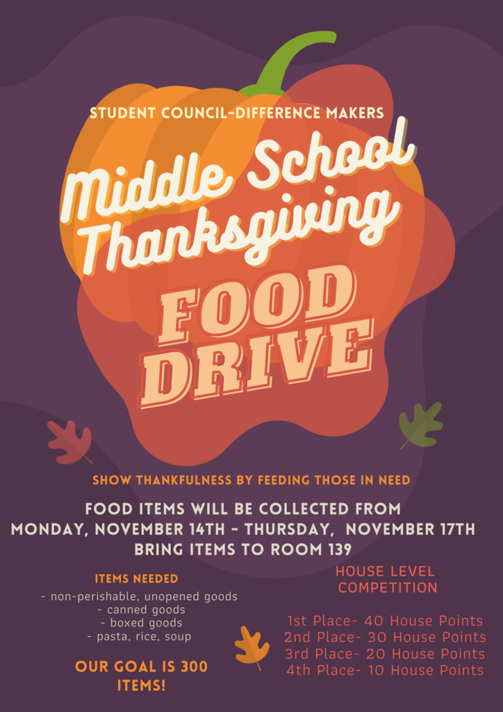 Mount Markham Middle School is holding a Thanksgiving food drive. Contact Nicolette Burgess at nburgess@mmcsd.org for additional details
