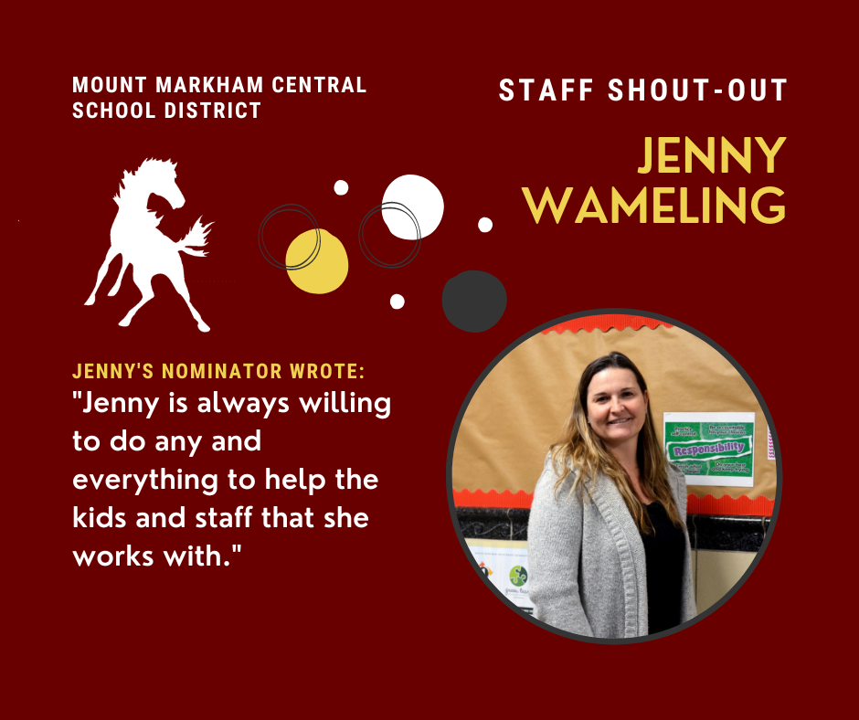 Staff Shout-Out: Jenny Wameling, quote reads: "Jenny is always willing to do any and everything to help the kids and staff that she works with." Photo of Jenny Wameling