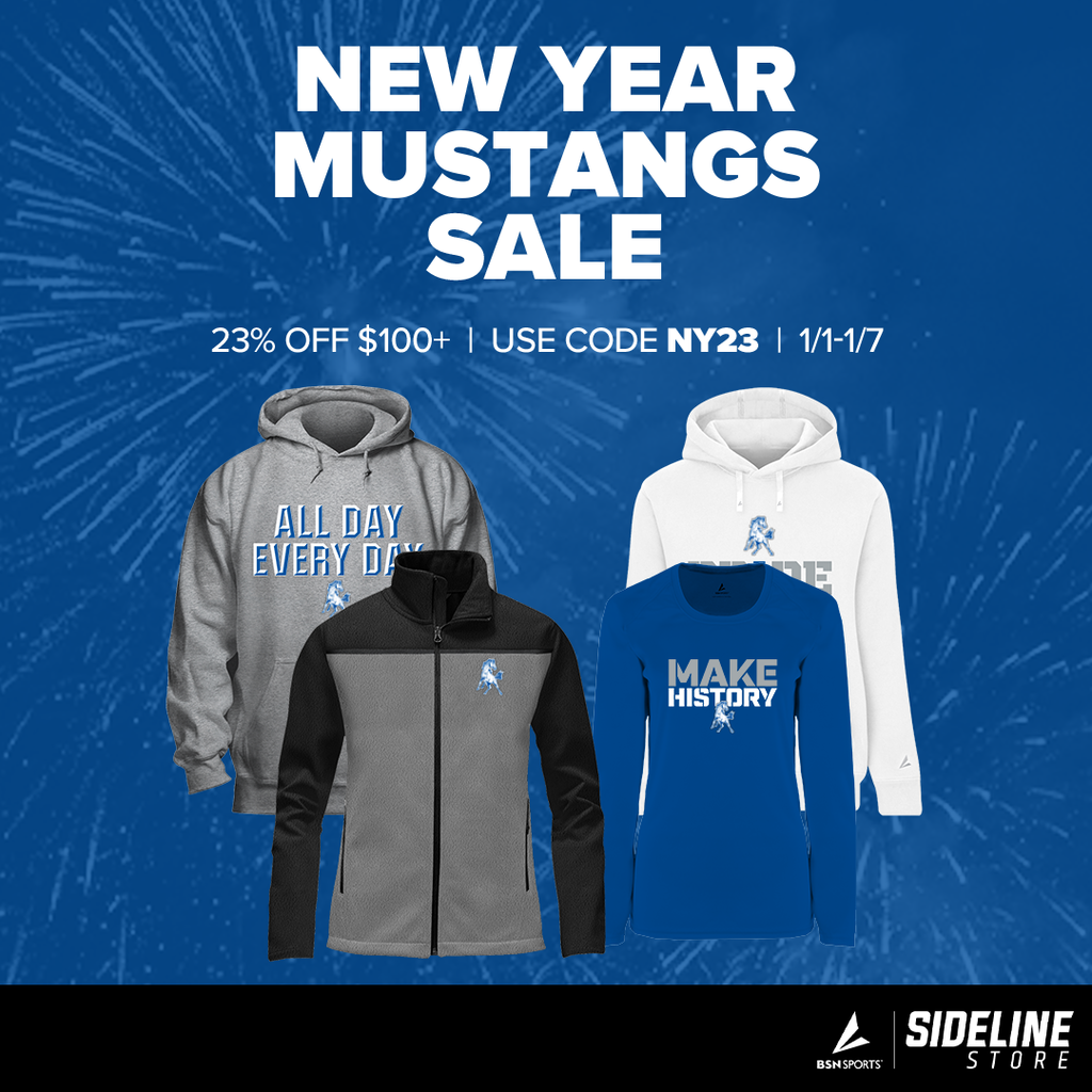 Reads: New Year Mustangs Sale, 23% off $100+, use code NY23, 1/1-1/7; image of Mustang apparel with a blue background