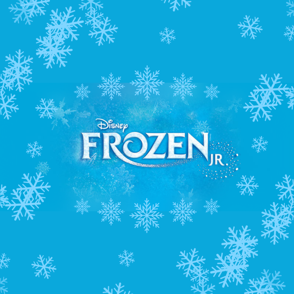 Reads: Disney FROZEN Jr.; White text on a blue background with snowflakes