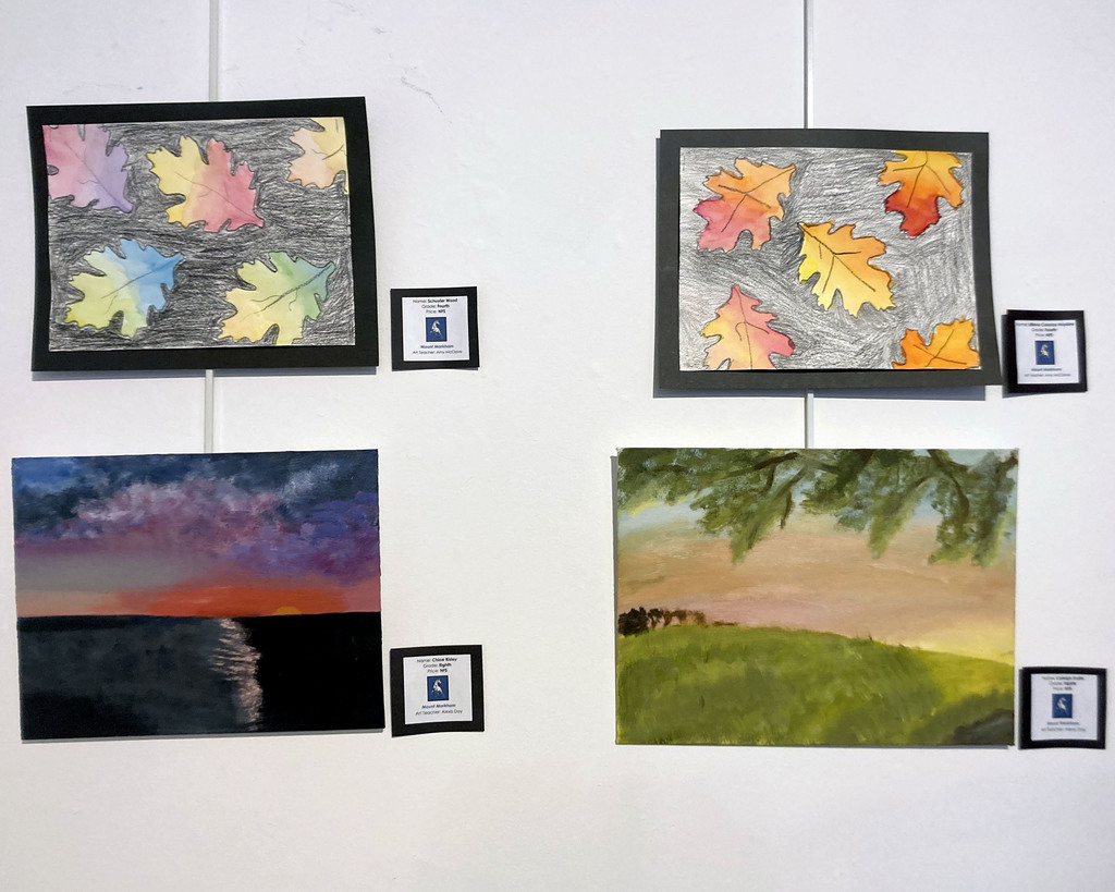 Upper: two drawings of leaves; lower: two landscape paintings, one of a field, one of the ocean hitting the shore