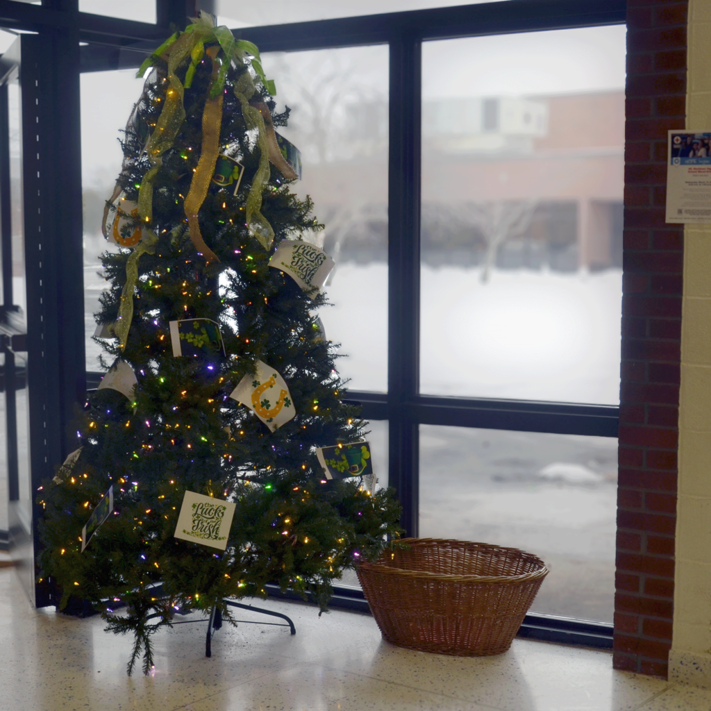 High School Spirit Tree decorated for St. Patrick's Day