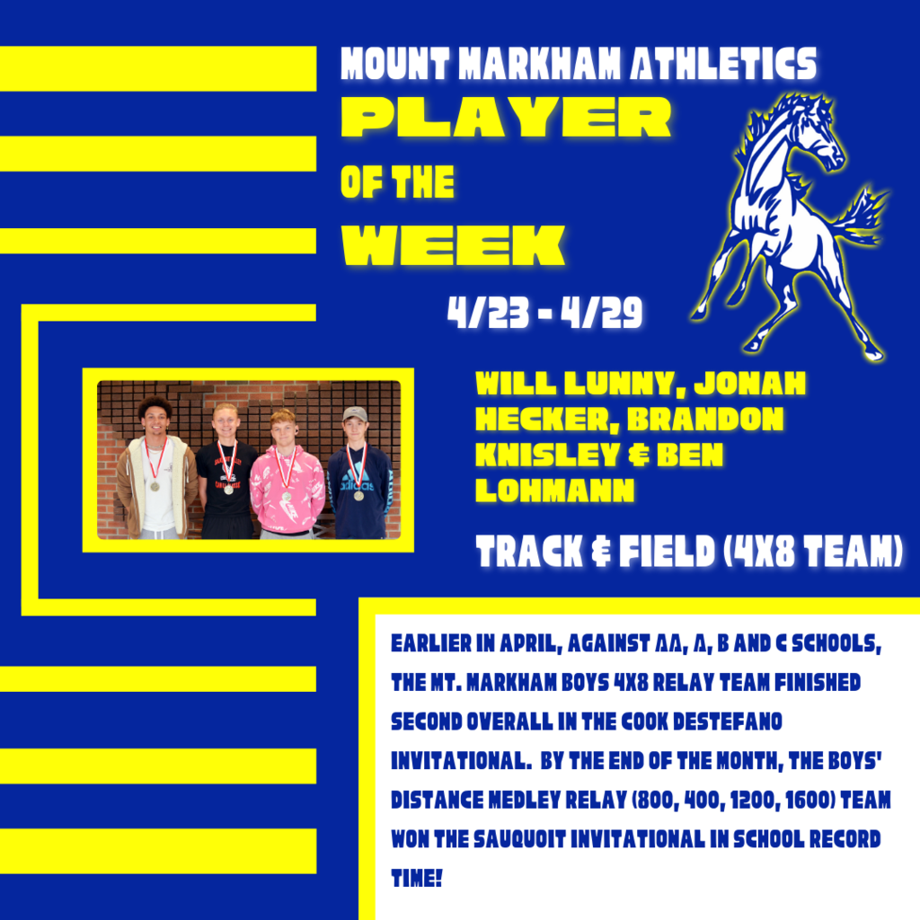 MOUNT MARKHAM ATHLETICS PLAYER OF THE WEEK 4/23-4/29 WILL LUNNY, JONAH HECKER, BRANDON KNISLEY & BEN LOHMANN TRACK & FIELD (4X8 TEAM) EARLIER IN APRIL, AGAINST AA, A, B AND C SCHOOLS, THE MT. MARKHAM BOYS 4X8 RELAY TEAM FINISHED SECOND OVERALL IN THE COOK DESTEFANO INVITATIONAL. BY THE END OF THE MONTH, THE BOYS' DISTANCE MEDLEY RELAY (800, 400, 1200, 1600) TEAM WON THE SAUQUOIT INVITATIONAL IN SCHOOL RECORD TIME!; images: picture of Lunny, Hecker, Knisley and Lohman,  Mount Markham Mustang