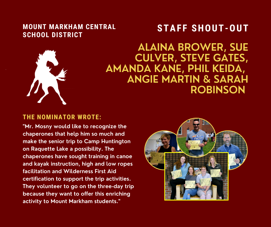 MOUNT MARKHAM CENTRAL SCHOOL DISTRICT STAFF SHOUT-OUT ALAINA BROWER, SUE CULVER, STEVE GATES, AMANDA KANE, PHIL KEIDA, ANGIE MARTIN & SARAH ROBINSON THE NOMINATOR WROTE: "Mr. Mosny would like to recognize the chaperones that help him so much and make the senior trip to Camp Huntington on Raquette Lake a possibility. The chaperones have sought training in canoe and kayak instruction, high and low ropes facilitation and Wilderness First Aid certification to support the trip activities. They volunteer to go on the three-day trip because they want to offer this enriching activity to Mount Markham students." images: Alaina Brower, Sue Culver, Steve Gates, Amanda Kane, Phil Keida, Angie Martin, Sarah Robinson, Mount Markham Mustang