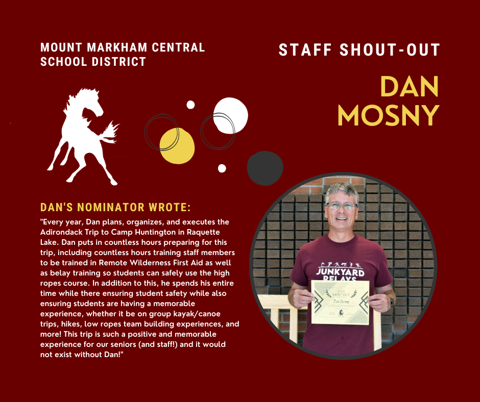MOUNT MARKHAM CENTRAL SCHOOL DISTRICT STAFF SHOUT-OUT DAN MOSNY DAN'S NOMINATOR WROTE: "Every year, Dan plans, organizes, and executes the Adirondack Trip to Camp Huntington in Raquette Lake. Dan puts in countless hours preparing for this trip, including countless hours training staff members to be trained in Remote Wilderness First Aid as well as belay training so students can safely use the high ropes course. In addition to this, he spends his entire time while there ensuring student safety while also ensuring students are having a memorable experience, whether it be on group kayak/canoe trips, hikes, low ropes team building experiences, and more! This trip is such a positive and memorable experience for our seniors (and staff!) and it would not exist without Dan!"; images: Dan Mosny, Mount Markham Mustang