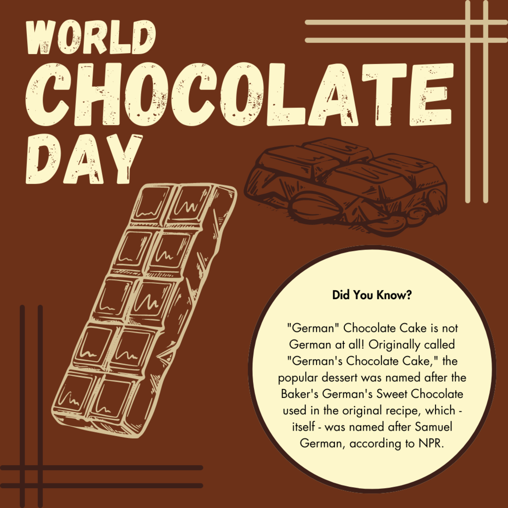 WORLD CHOCOLATE DAY Did You Know? "German" Chocolate Cake is not German at all! Originally called "German's Chocolate Cake," the popular dessert was named after the Baker's German's Sweet Chocolate used in the original recipe, which - itself - was named after Samuel German, according to NPR.; images: chocolate bars