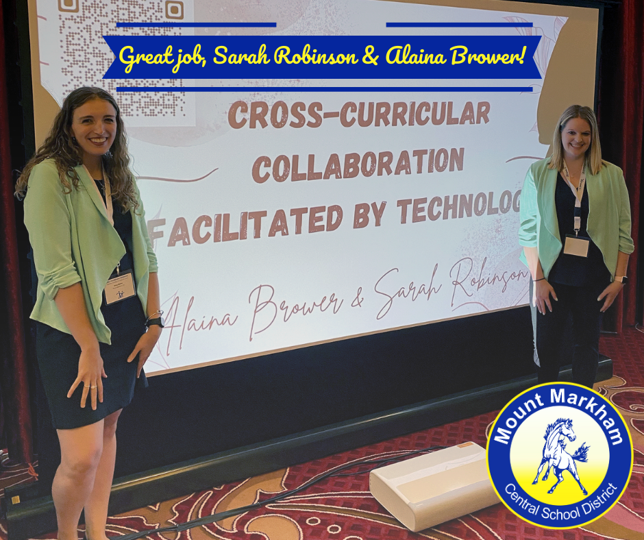 Images: Alaina Brower and Sarah Robinson present their work, Mount Markham Mustang, yellow text on blue banner reads: Great job, Sarah Robinson & Alaina Brower