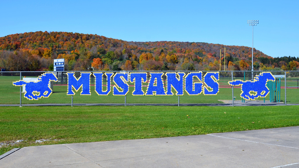 Design in school colors (blue and gold) on fence reads Mustangs, Mount Markham Mustang logo also on fence, fall foliage in background