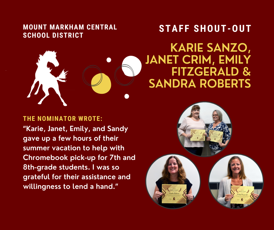 MOUNT MARKHAM CENTRAL SCHOOL DISTRICT STAFF SHOUT-OUT KARIE SANZO, JANET CRIM, EMILY FITZGERALD & SANDRA ROBERTS THE NOMINATOR WROTE: "Karie, Janet, Emily, and Sandy gave up a few hours of their summer vacation to help with Chromebook pick-up for 7th and 8th-grade students. I was so grateful for their assistance and willingness to lend a hand." images: Karie Sanzo, Janet Crim, Emily Fitzgerald and Sandra Roberts, Mount Markham Mustang