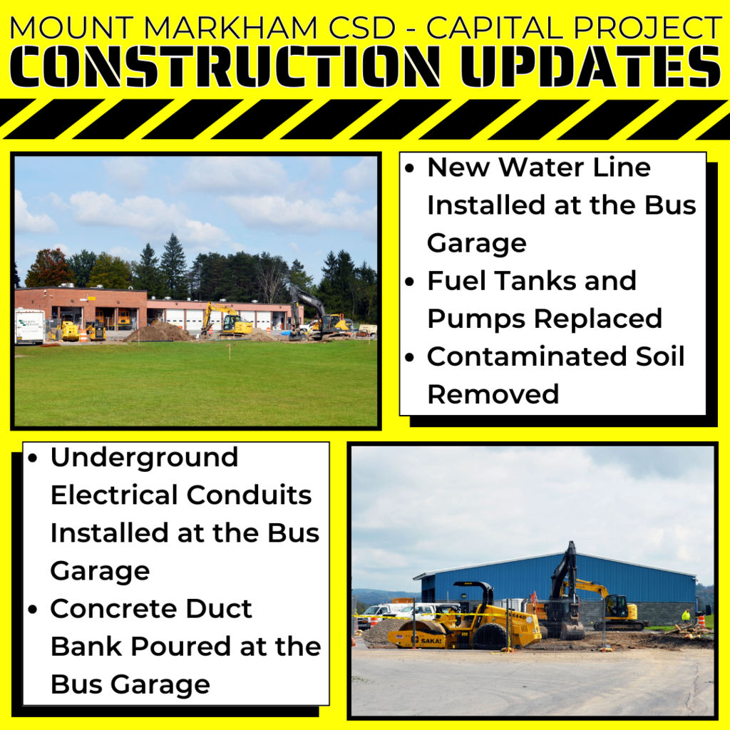 MOUNT MARKHAM CSD - CAPITAL PROJECT CONSTRUCTION UPDATES • New Water Line Installed at the Bus Garage • Fuel Tanks and Pumps Replaced • Contaminated Soil Removed • Underground Electrical Conduits Installed at the Bus Garage • Concrete Duct Bank Poured at the Bus Garage; images: construction at bus garage, black text on white and yellow background